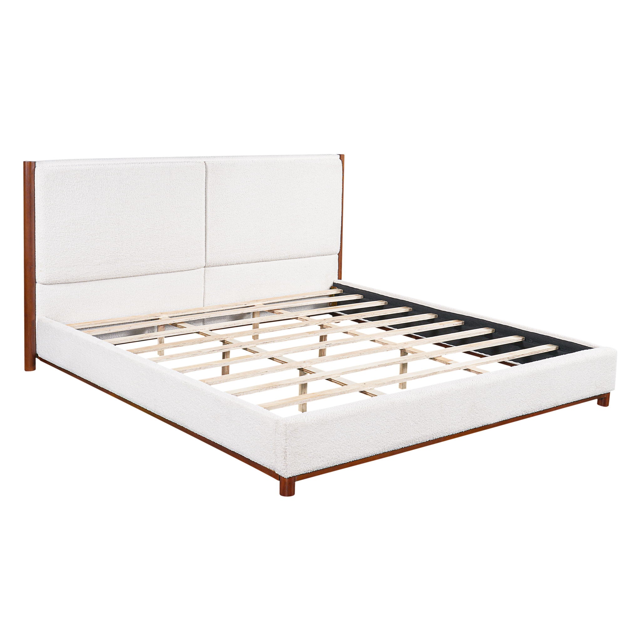 King Upholstered Bed Frame, No Box Spring Needed - Walnut / White