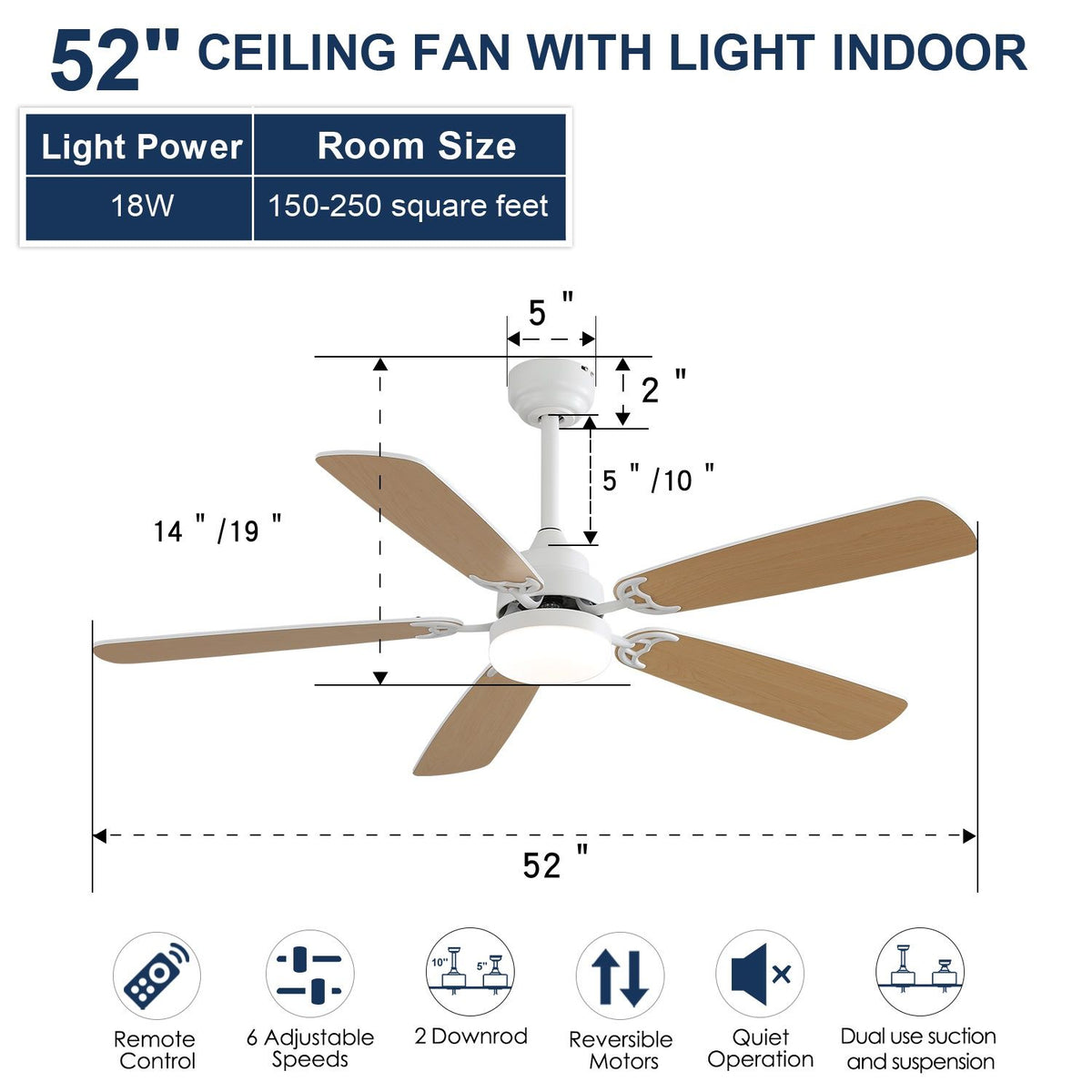 52" Ceiling Fan With LED Light, 6 Speed Remote Control, Reversible DC Motor