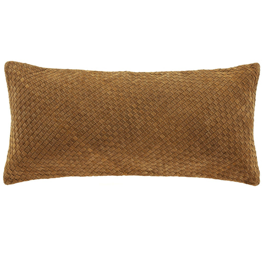 Genuine Leather - Woven Suede & Basket Weave Long Lumbar Pillow - Brown