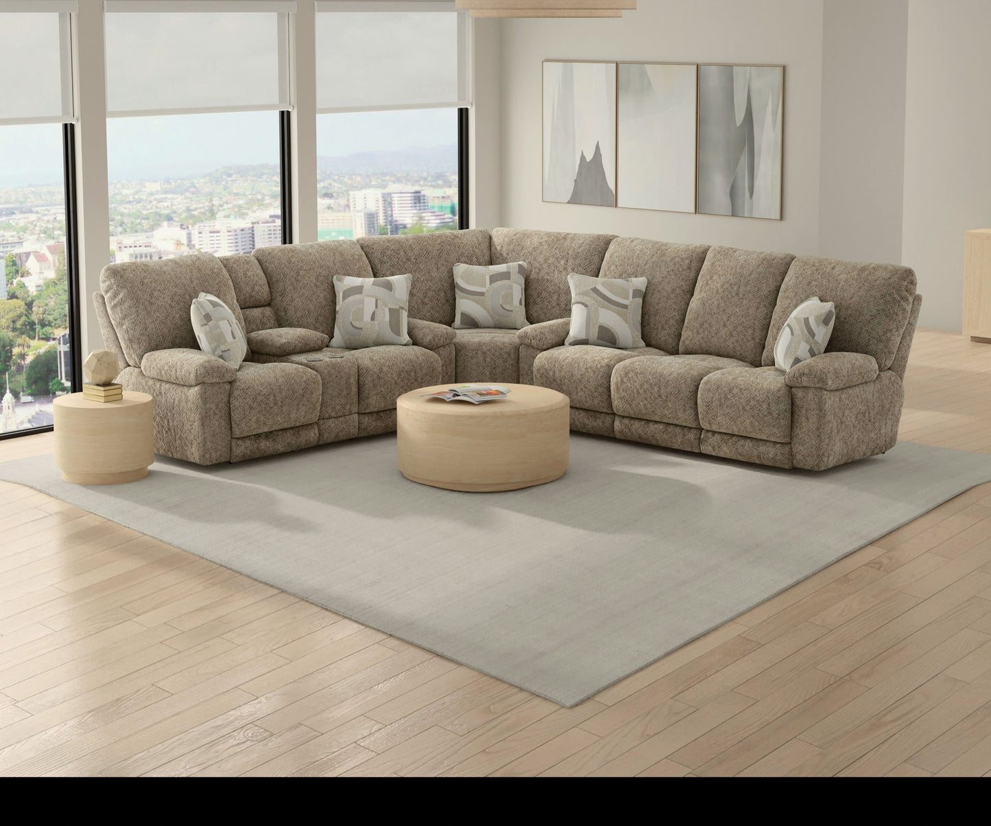 Beacon - Power Lay Flat Triple Reclining Sofa With DropDown Table / Storage Arm / Extended Ottoman - Mushroom
