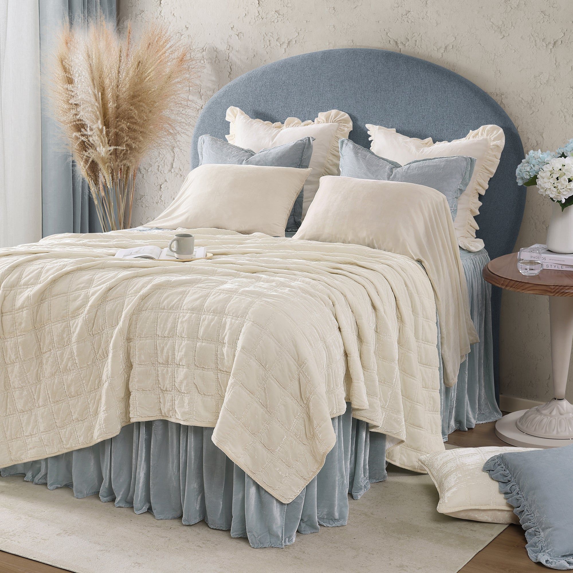 Stella - Full/Queen Faux Silk Velvet Double Box Stitch Quilt Set (Set of 3) - Stone
