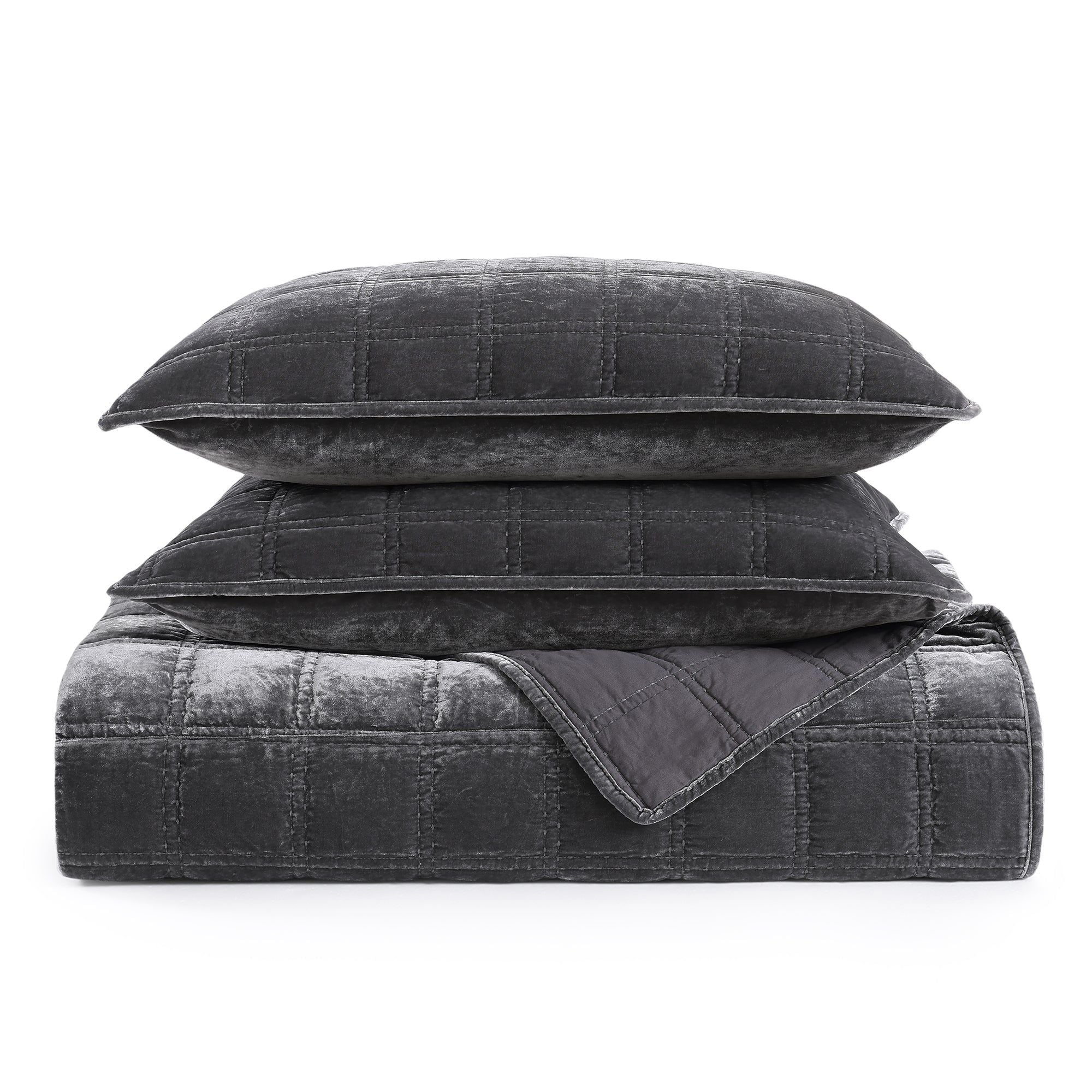 Stella - King Faux Silk Velvet Double Box Stitch Quilt Set (Set of 3) - Slate