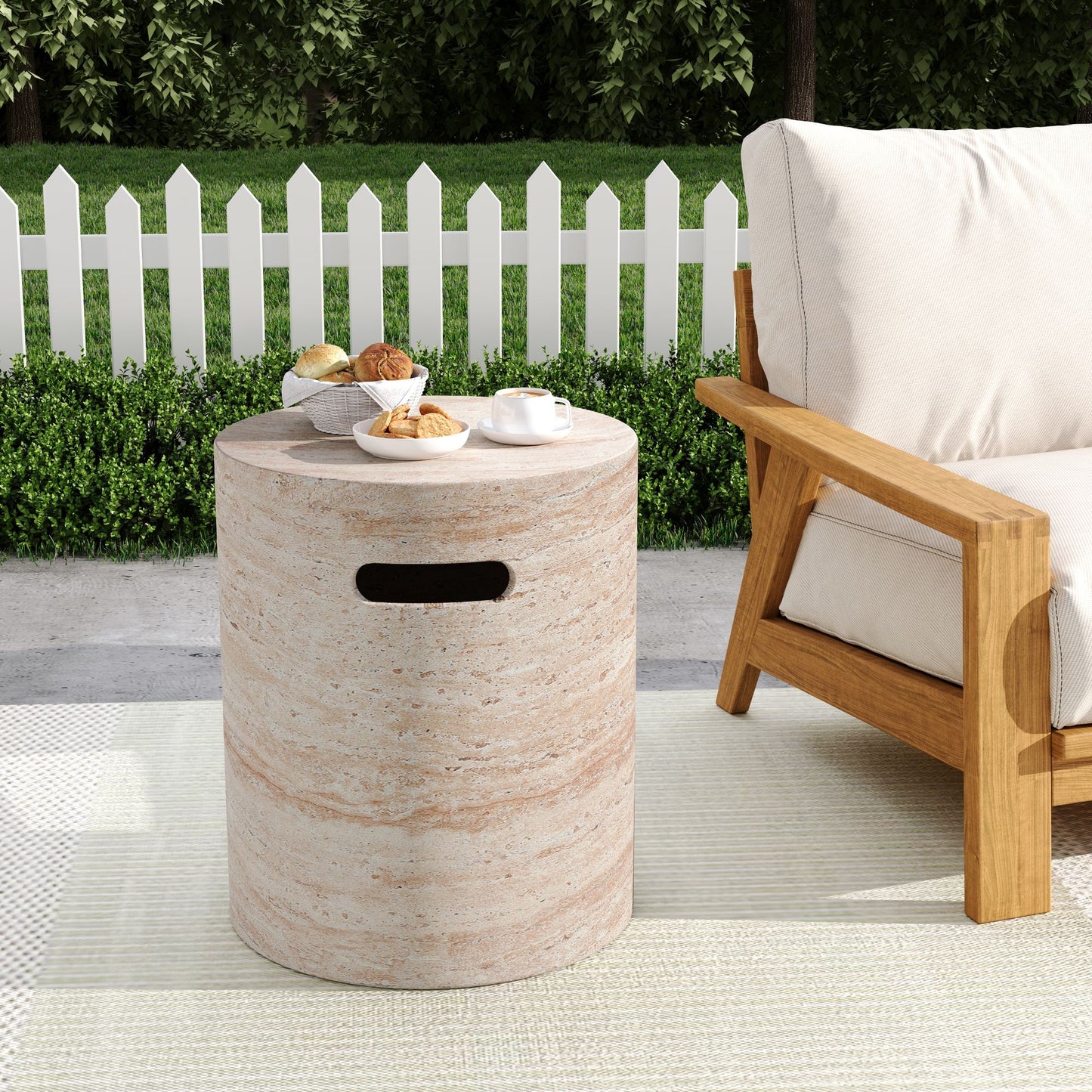 Modern Concrete Side Table With Travertine , Indoor / Outdoor Use - Beige