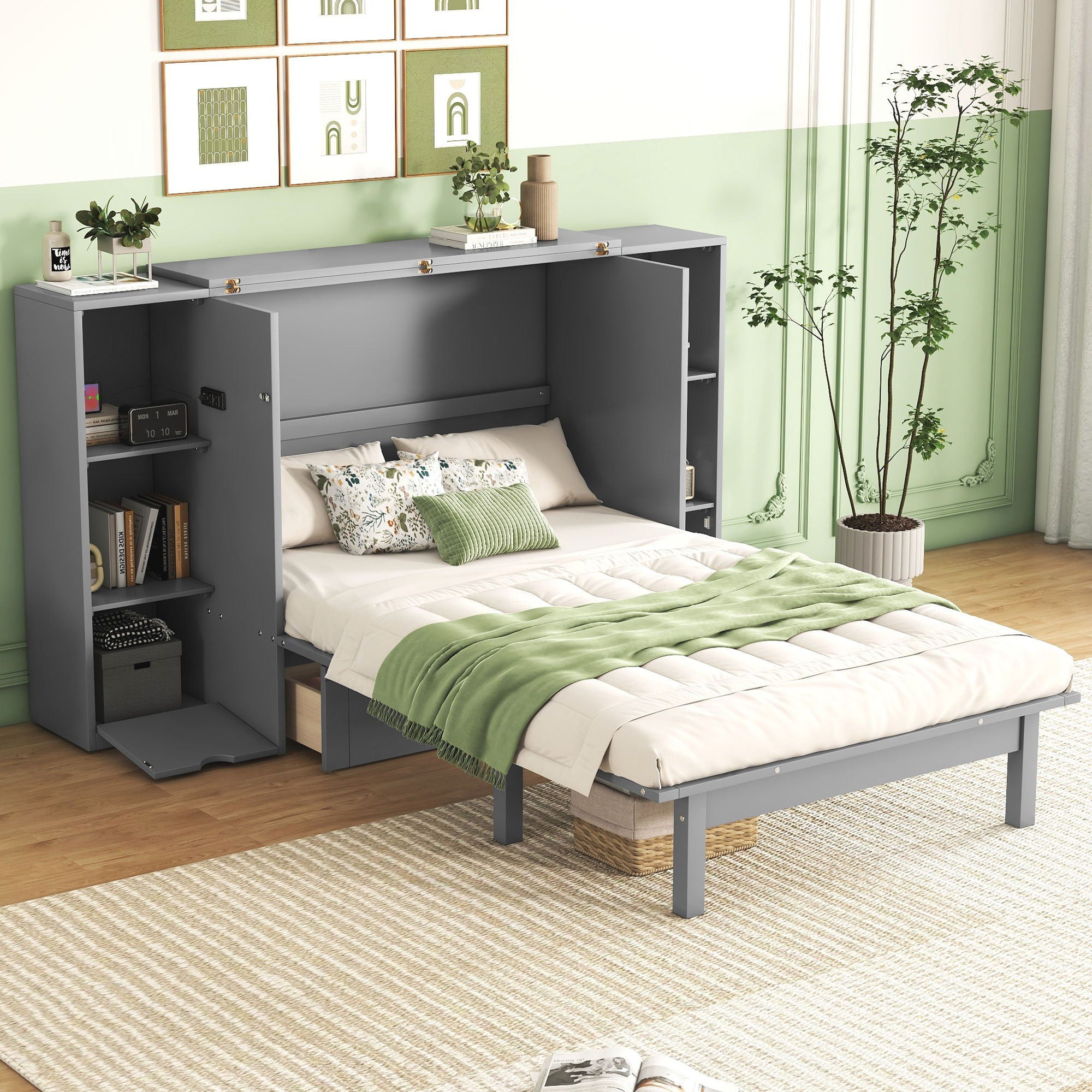 Murphy Bed With Shelves, Drawers And USB Ports