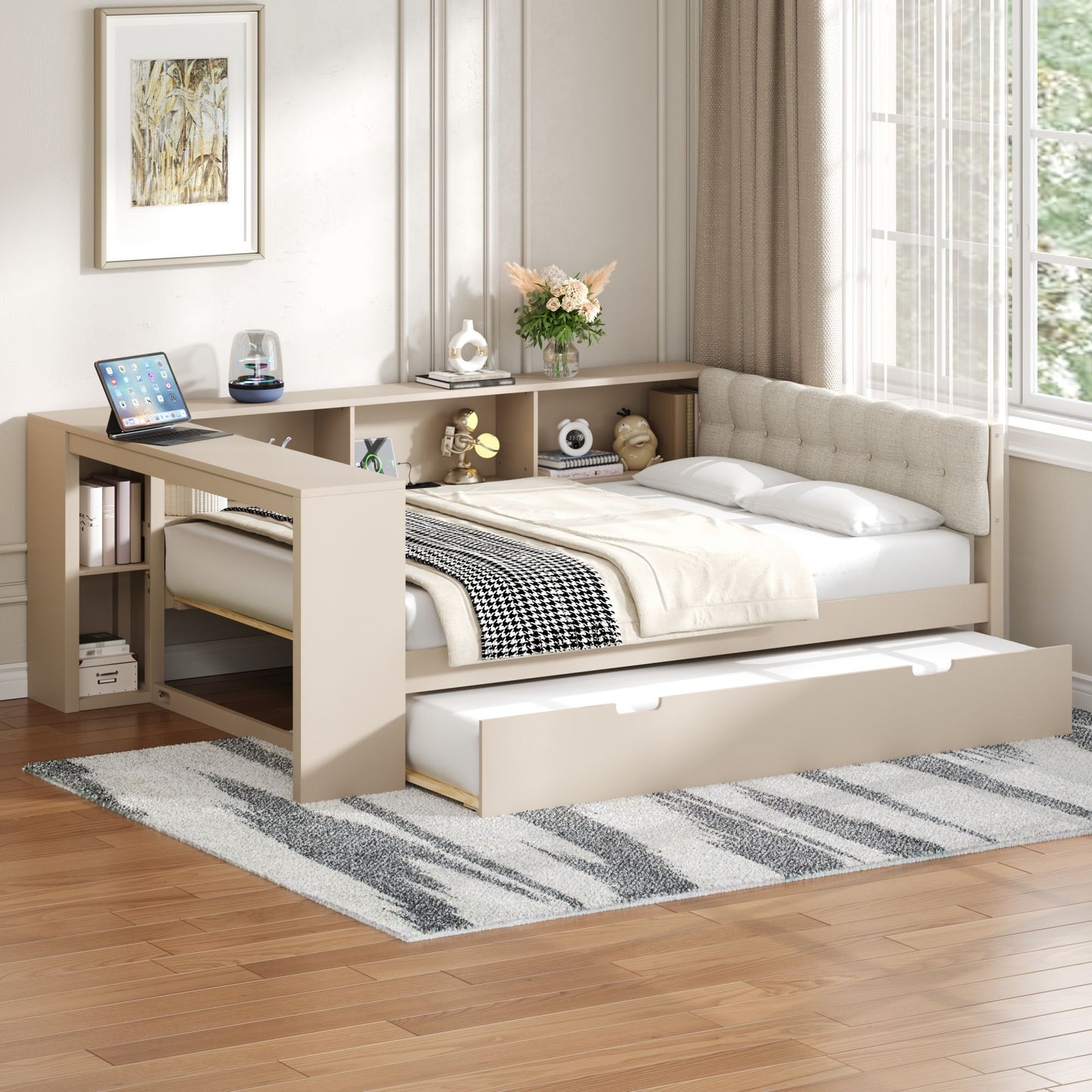 Upholstered Headboard Platform Bed With Storage Shelves, Trundle, Charging Station