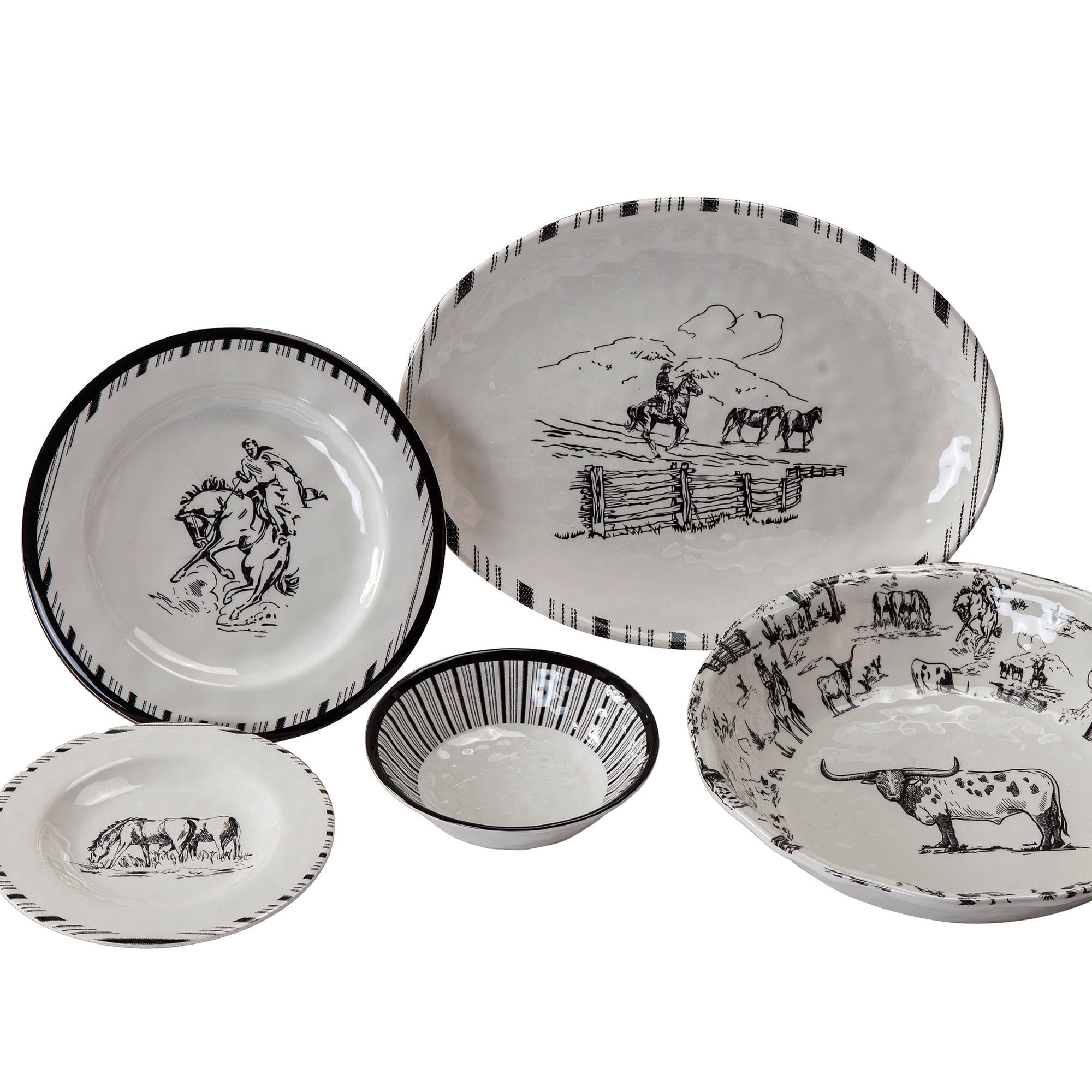 Ranch Life - Melamine Dinnerware Set (Set of 14), 2 Per Carton - White / Black