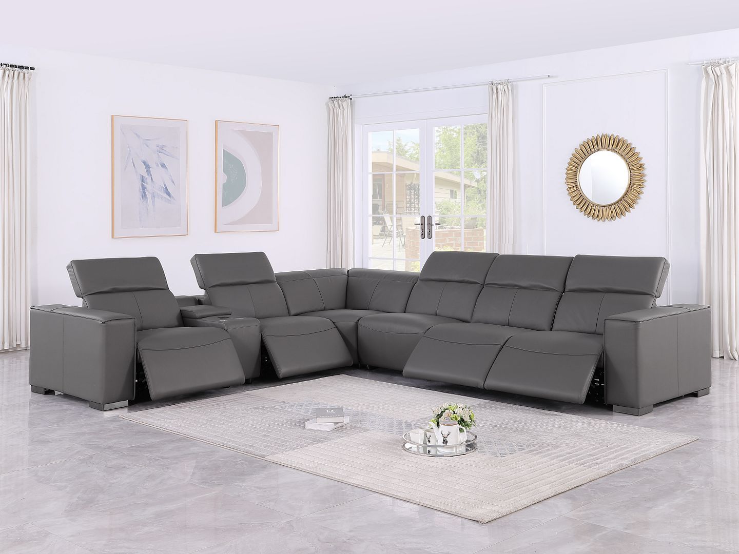 1208 - 7 Piece L-Shaped Leather Reclining Sectional With 4 Power Recliners