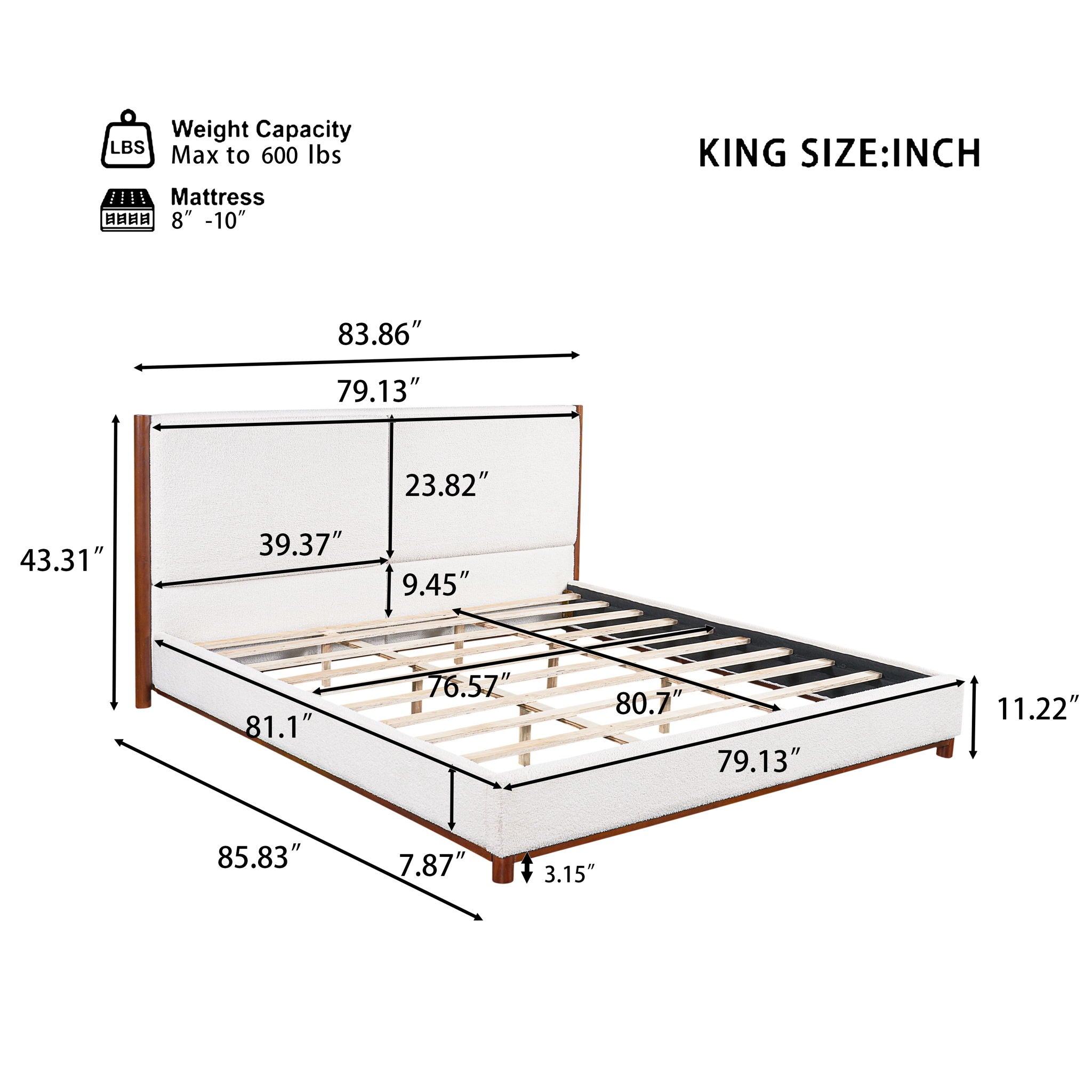 King Upholstered Bed Frame, No Box Spring Needed - Walnut / White
