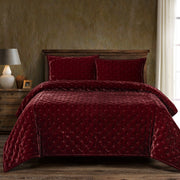 Stella - King Faux Silk Velvet Pintuck Quilt Set (Set of 3) - Garnet Red
