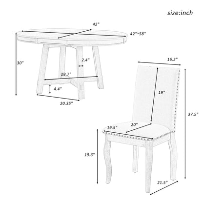 Farmhouse Dining Table Set Wood Round Extendable Dining Table And Upholstered Dining Chairs