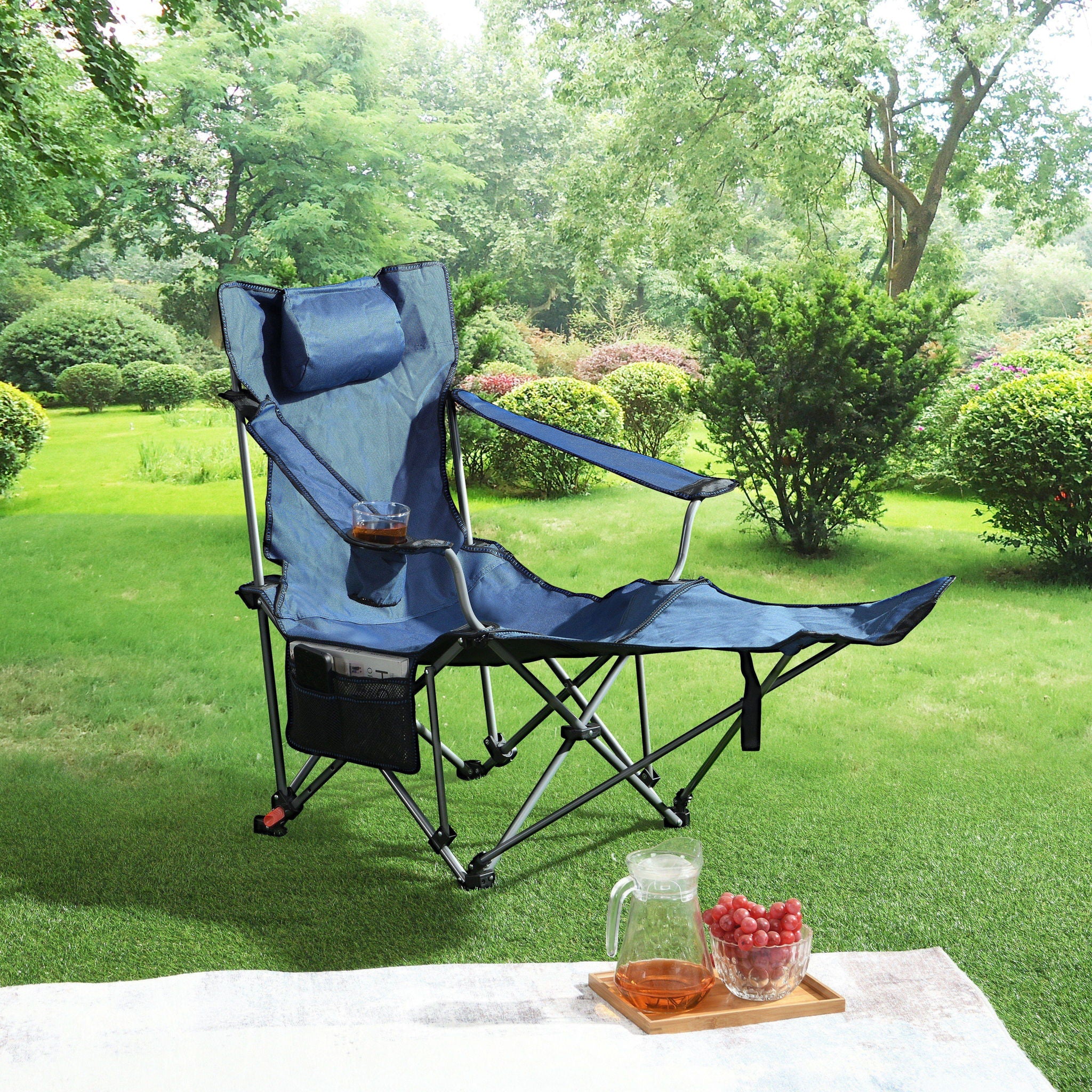 Outdoor Camping Chair With 3 Level Reclining, Side Pockets & Cup Holder, Folding With Carry Bag - Dark Blue