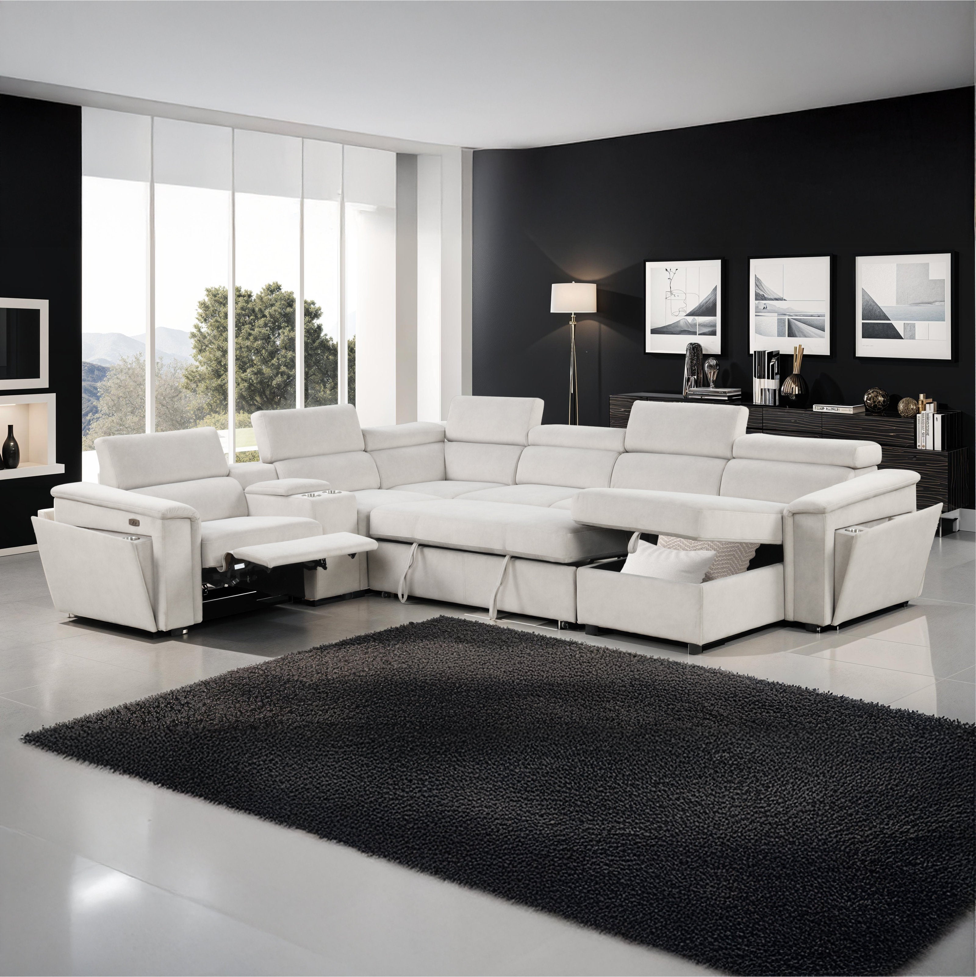 Harvey Sectional Sofa Beige with Power Recliner and Storage Chaise
