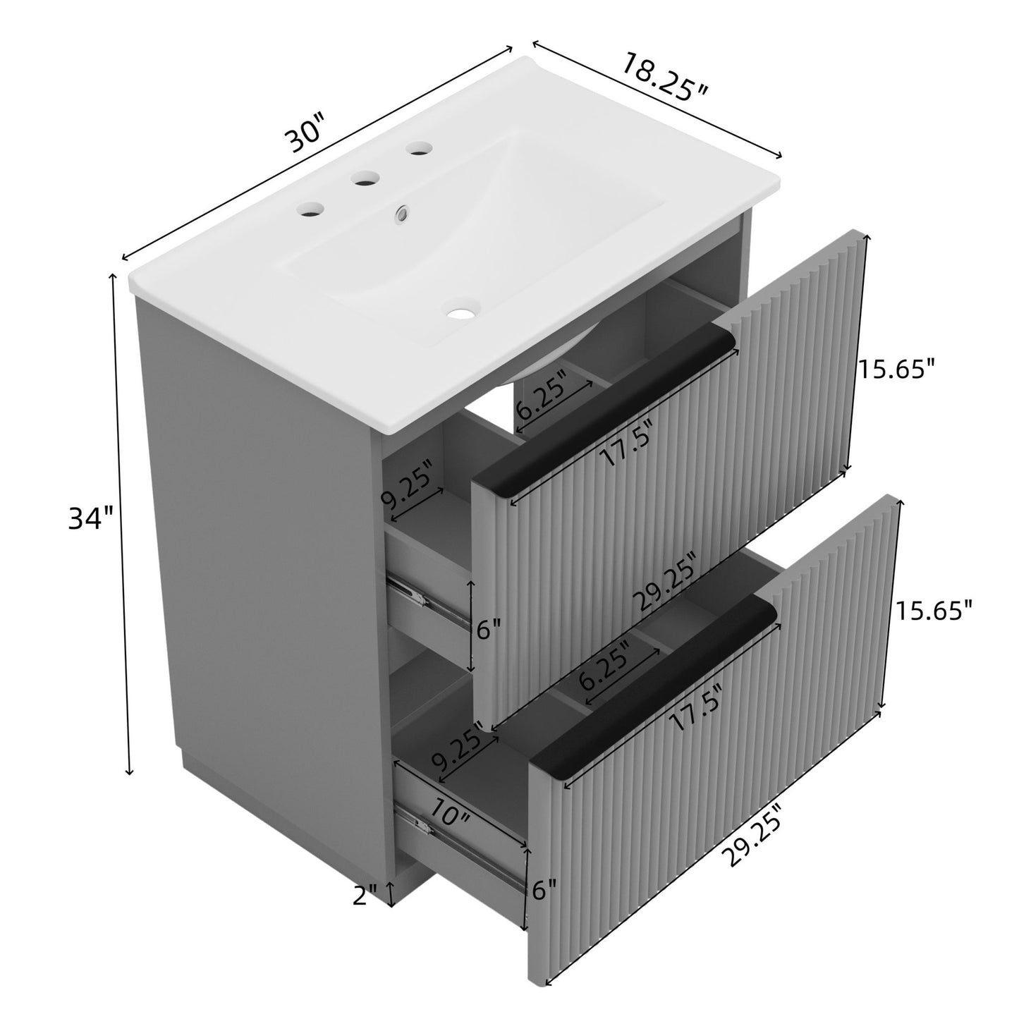 Fluted Bathroom Vanity With Ceramic Sink, Freestanding Cabinet