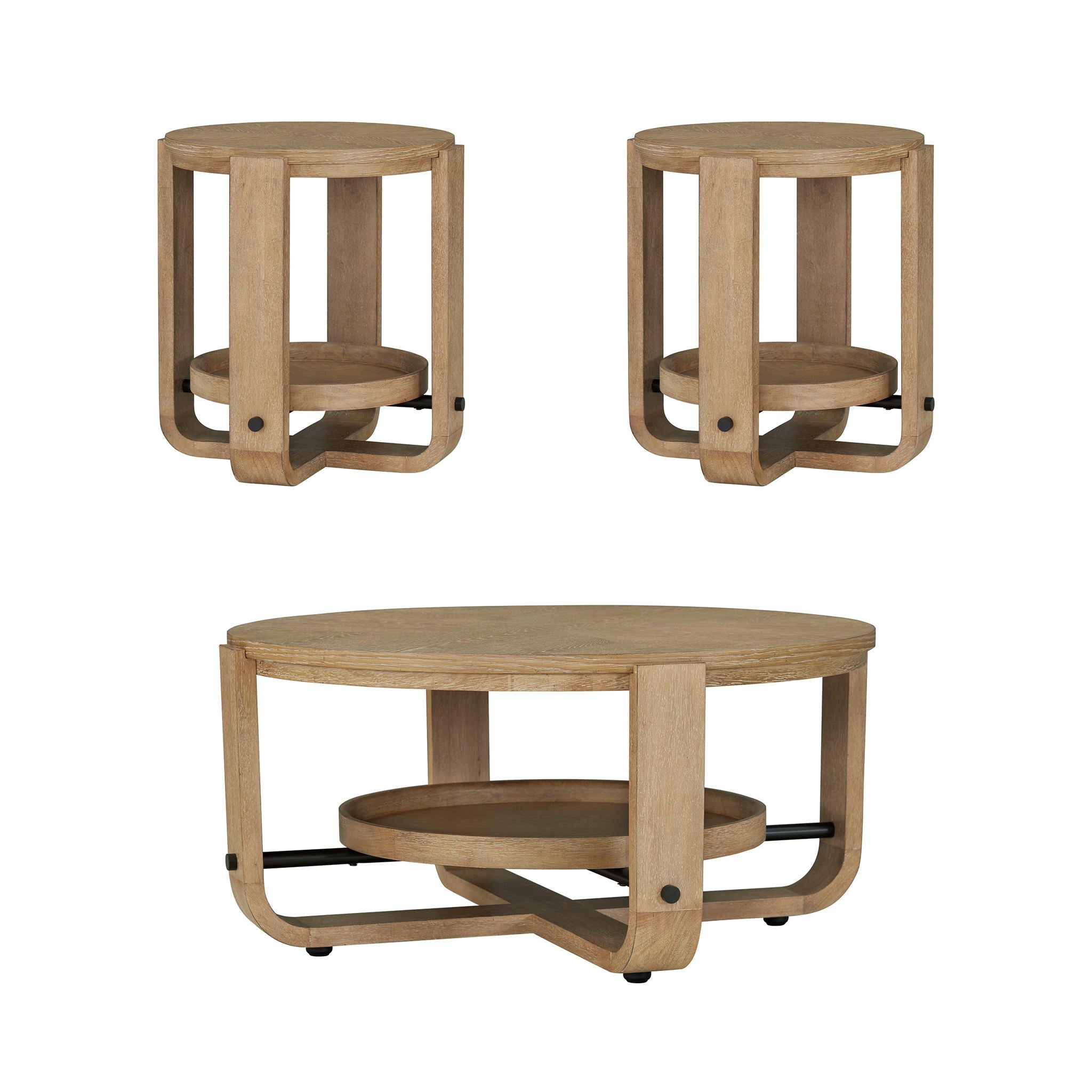 Escape - 3 Piece Occasional Table Set - Glazed Natural Oak / Black Metal Trim
