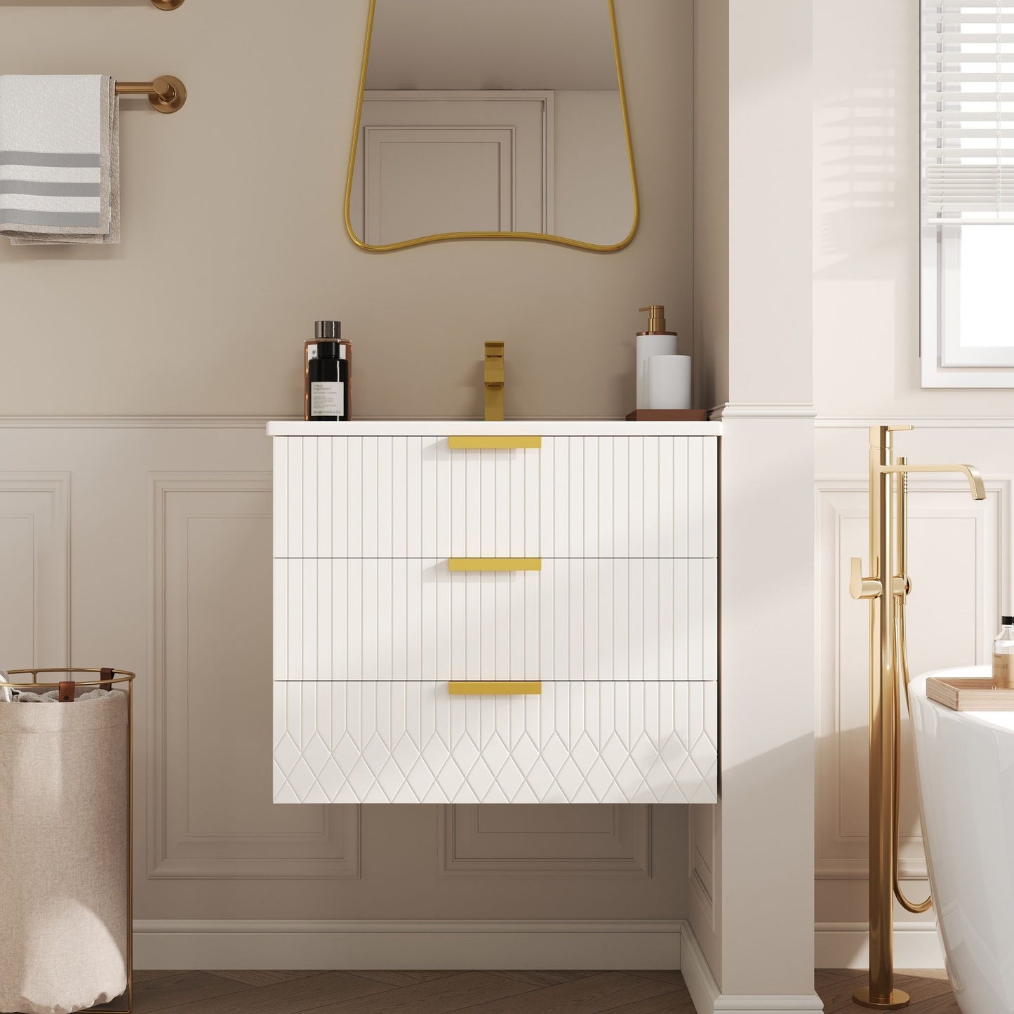 Wall Mounted Floating Cabinet With Double Drawer, Rectangular Sink