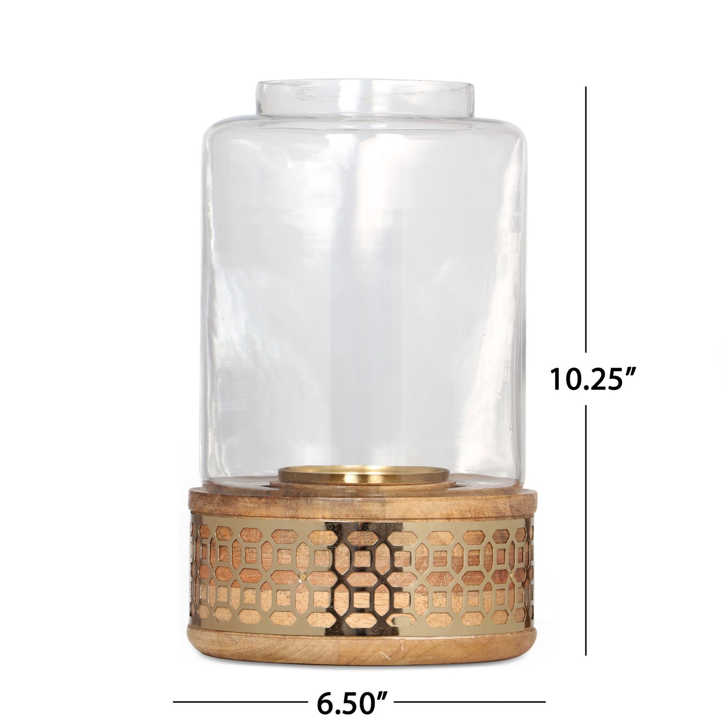 Lippert Boho Handcrafted Mango Wood Hurricane Candle Holder With Tempered Glass And Metal Accents, Large - Natural