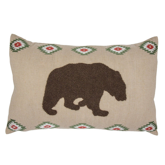 Aztec Bear - Aztec Embroidered Bear Burlap Lumbar Pillow - Tan