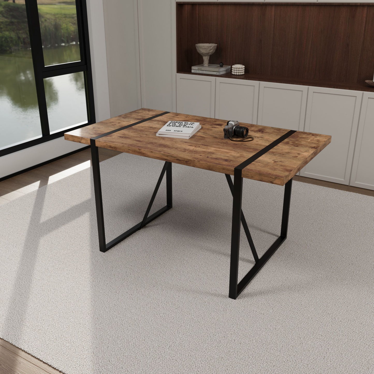 Modern Rural Industrial Dining Table, 55" Rectangular Wood With Metal Legs, Seats 4 - 6 - Wood