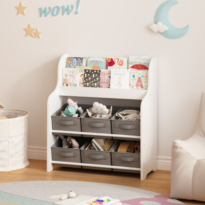 Bookshelf With 6 Storage Bins, Multi Functional Children's Bookcase And Toy Organizer - White