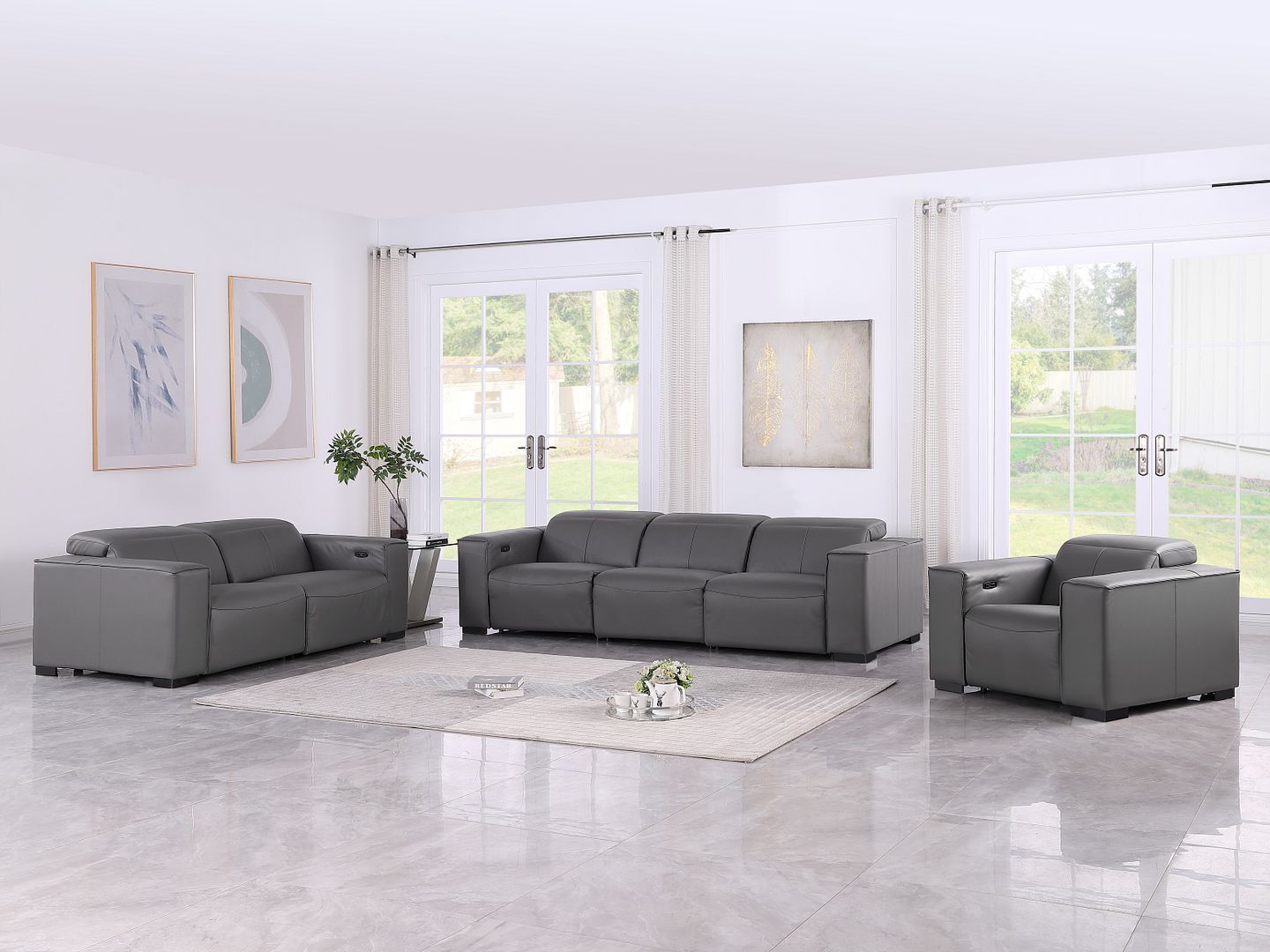 1208 - Leather Reclining Set (Sofa, Loveseat & Chair With 5 Power Recliners)