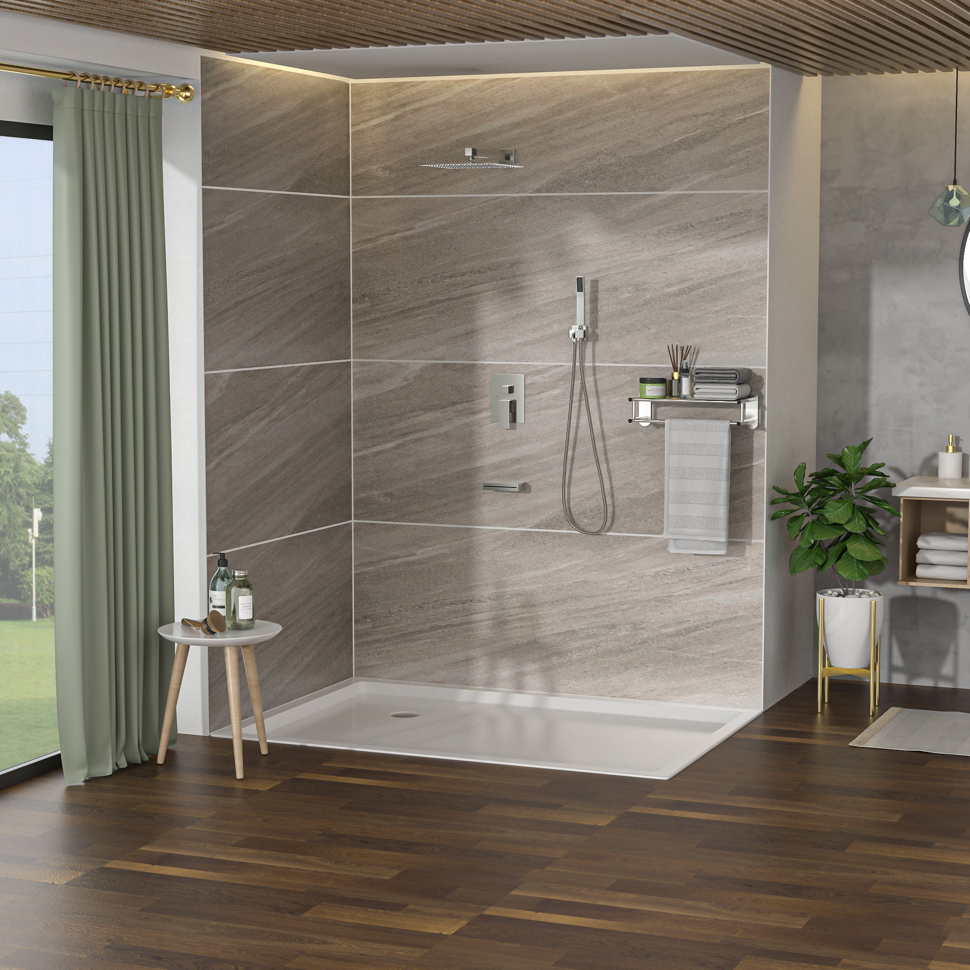 Square Shower System With Waterfall Tub Spout And Rough In Valve, Wall Mounted