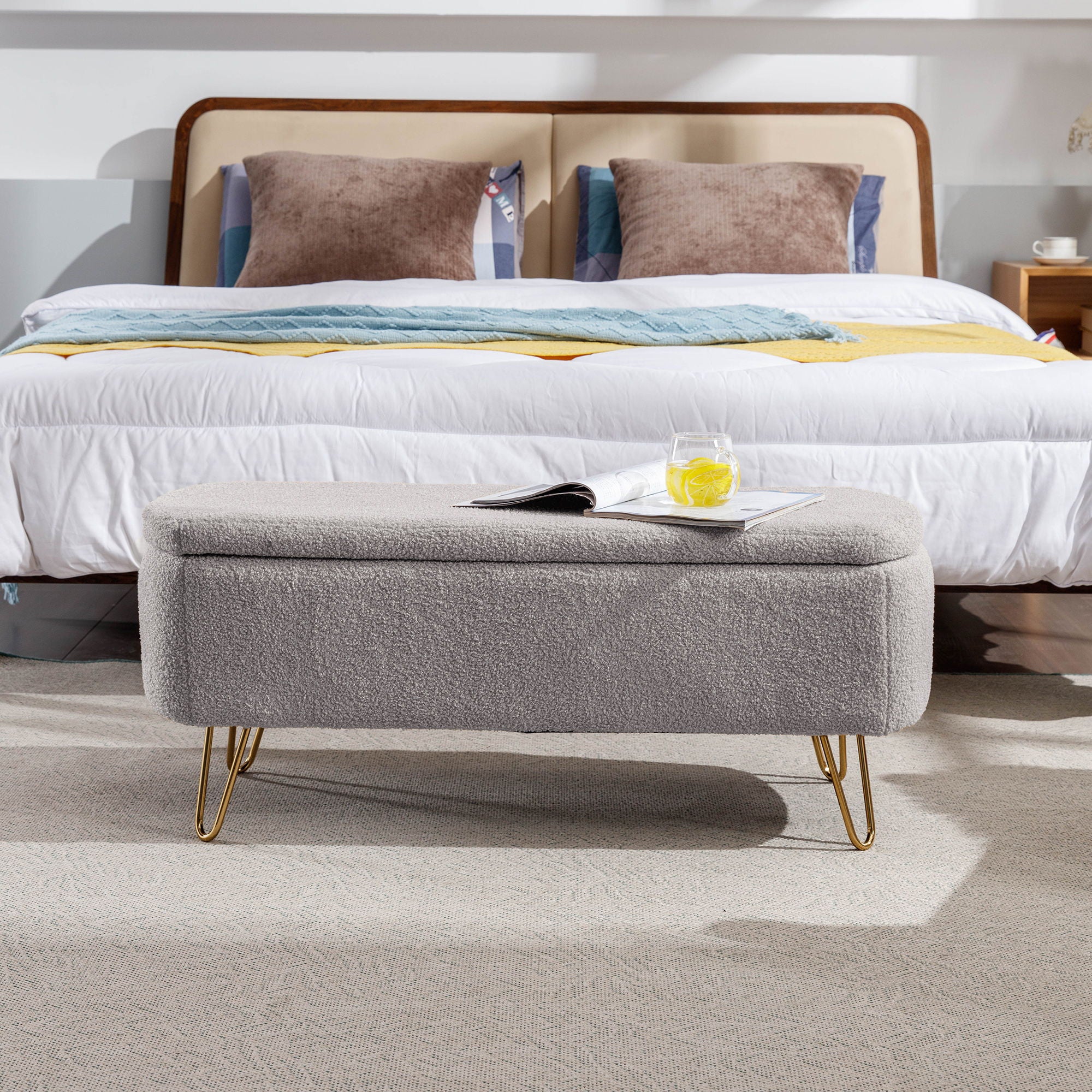 Storage Ottoman Bench For End Of Bed Legs, Modern Camel Faux Fur Entryway Bench Upholstered Padded With Storage For Living Room Bedroom