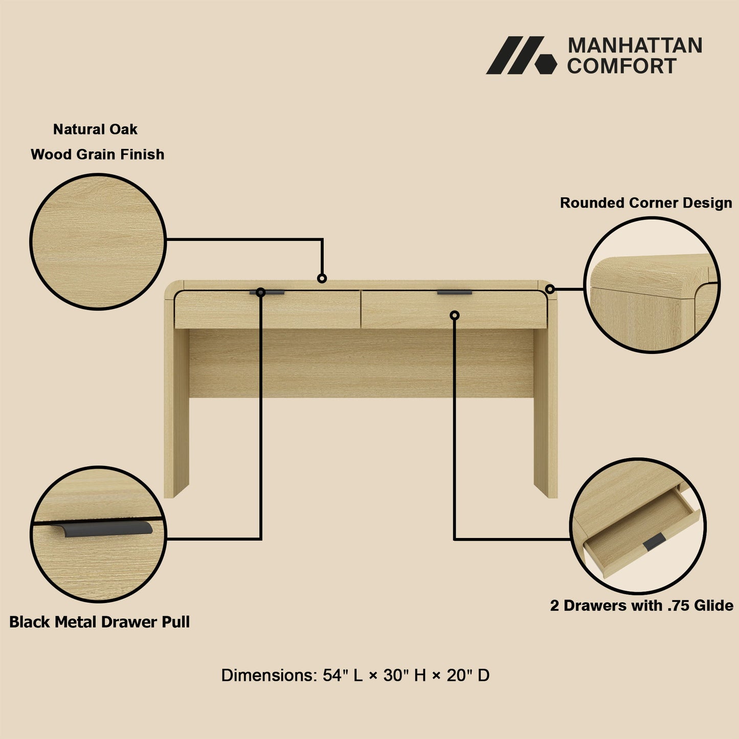 Grace - Office Desk & 2 Drawers - Oak