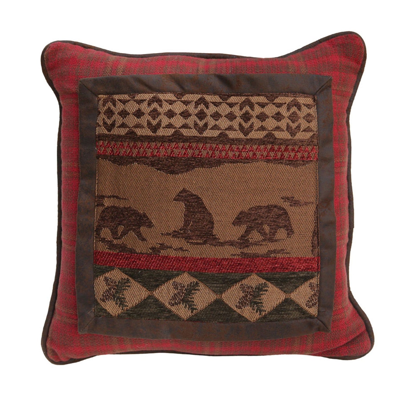 Cascade Lodge - Bear Plaid Throw Pillow - Brown / Red