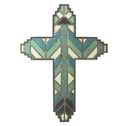 Wall Décor - 19" x 14" Wooden Stained Glass Design Cross Wall Décor  - Green / Blue