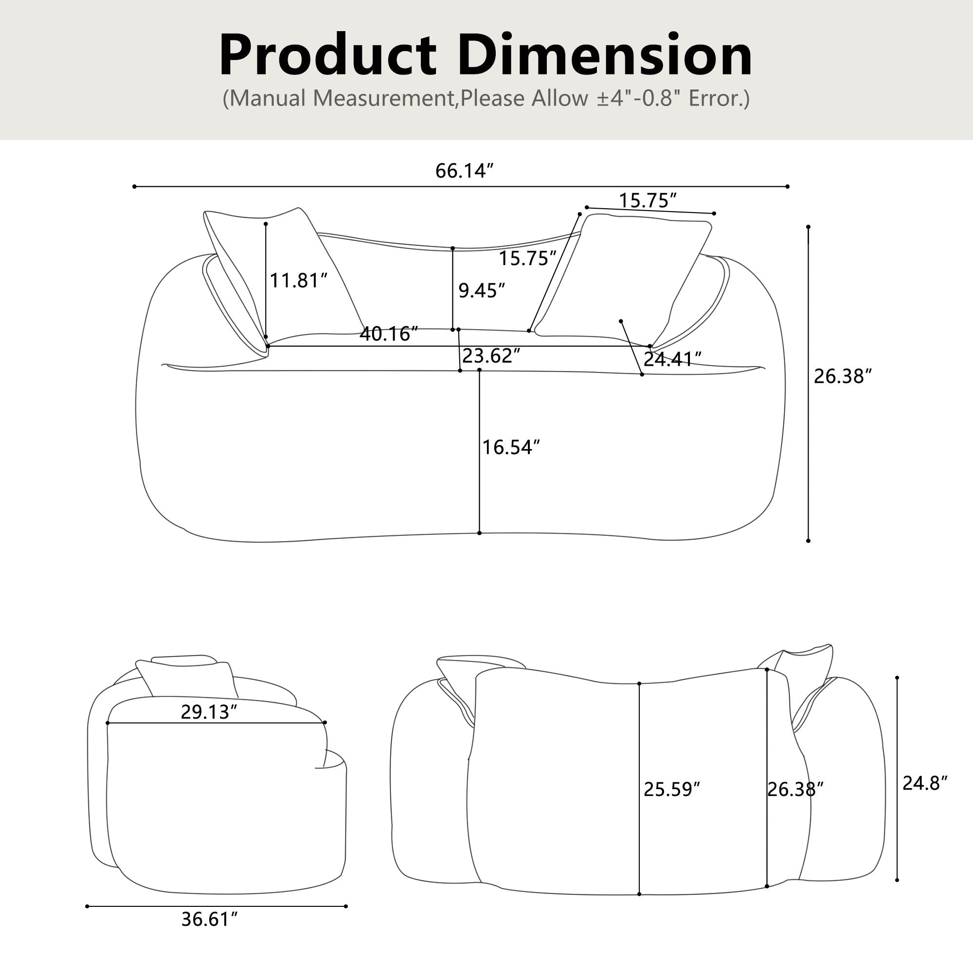 Curved 2 Person Compress Sofa With Armrests, Includes Pillows