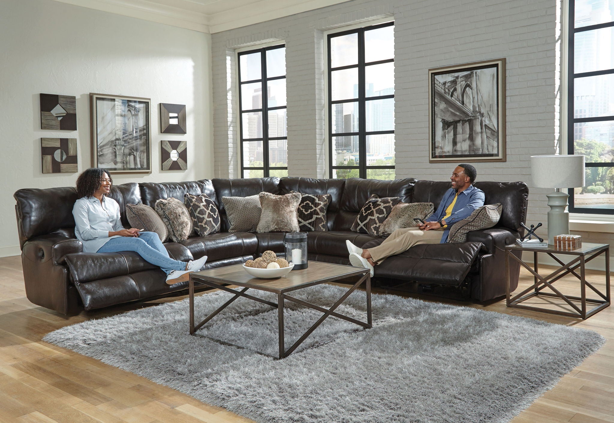 Como - 5 Piece Italian Leather Match Reclining Sectional