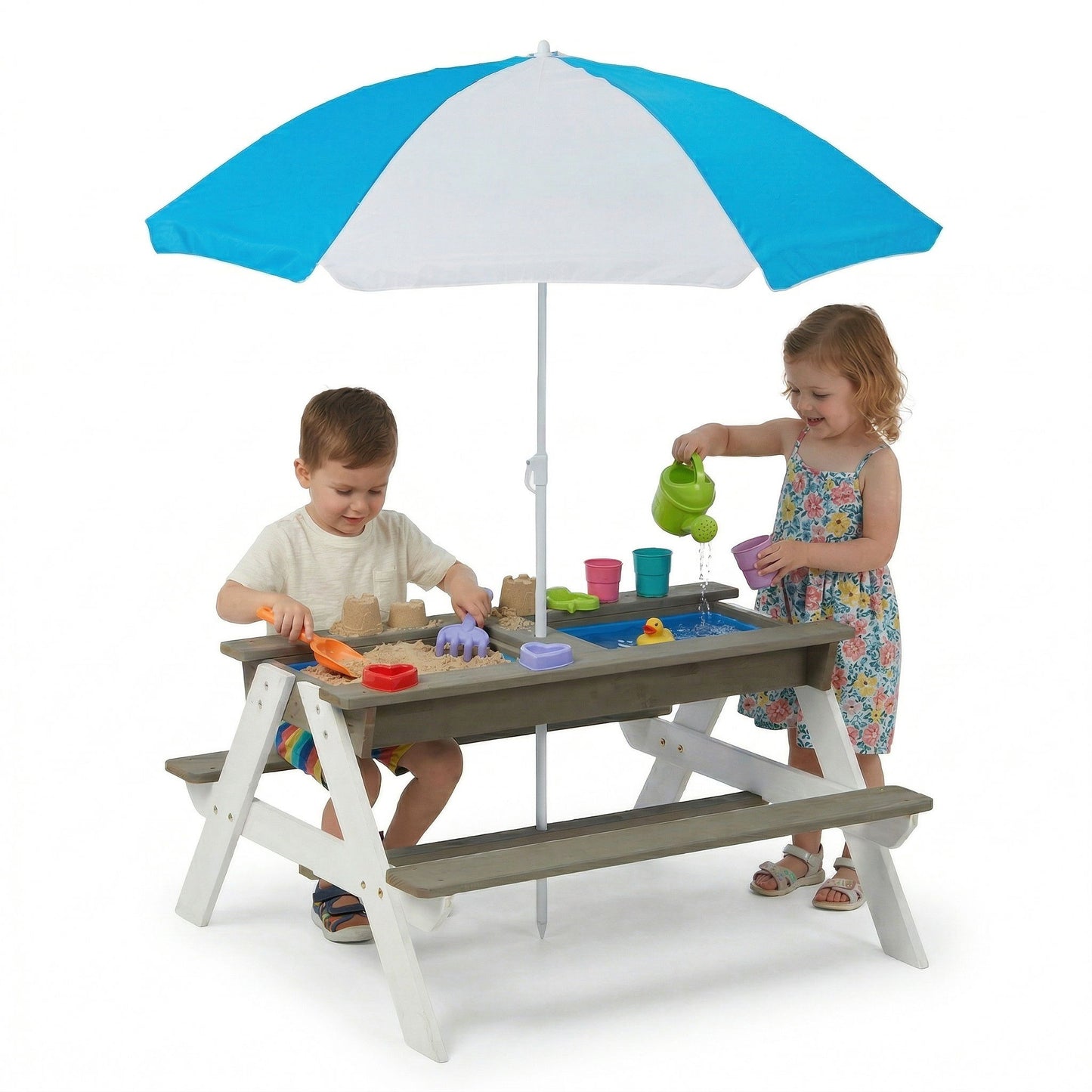 Wooden Kids Picnic Table, Sand And Water Table With Umbrella, Activity Table For Outdoor Backyard Patio Play - White / Gray
