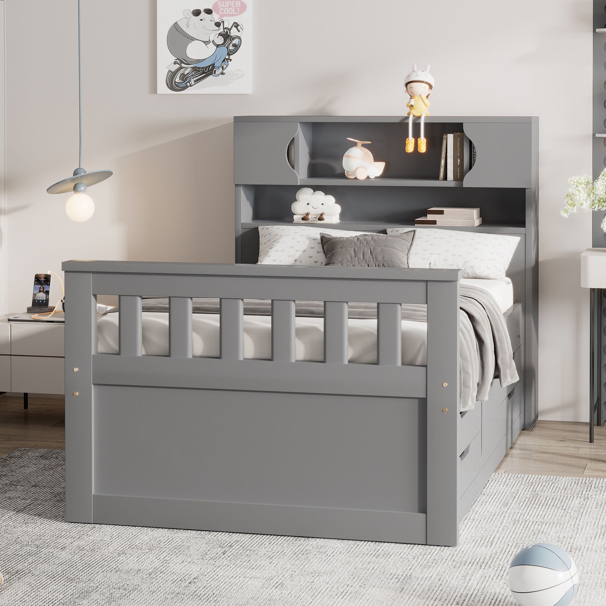 Captain Platform Bed Frame With Storage Bookcases, Shelves, And 4 Drawers