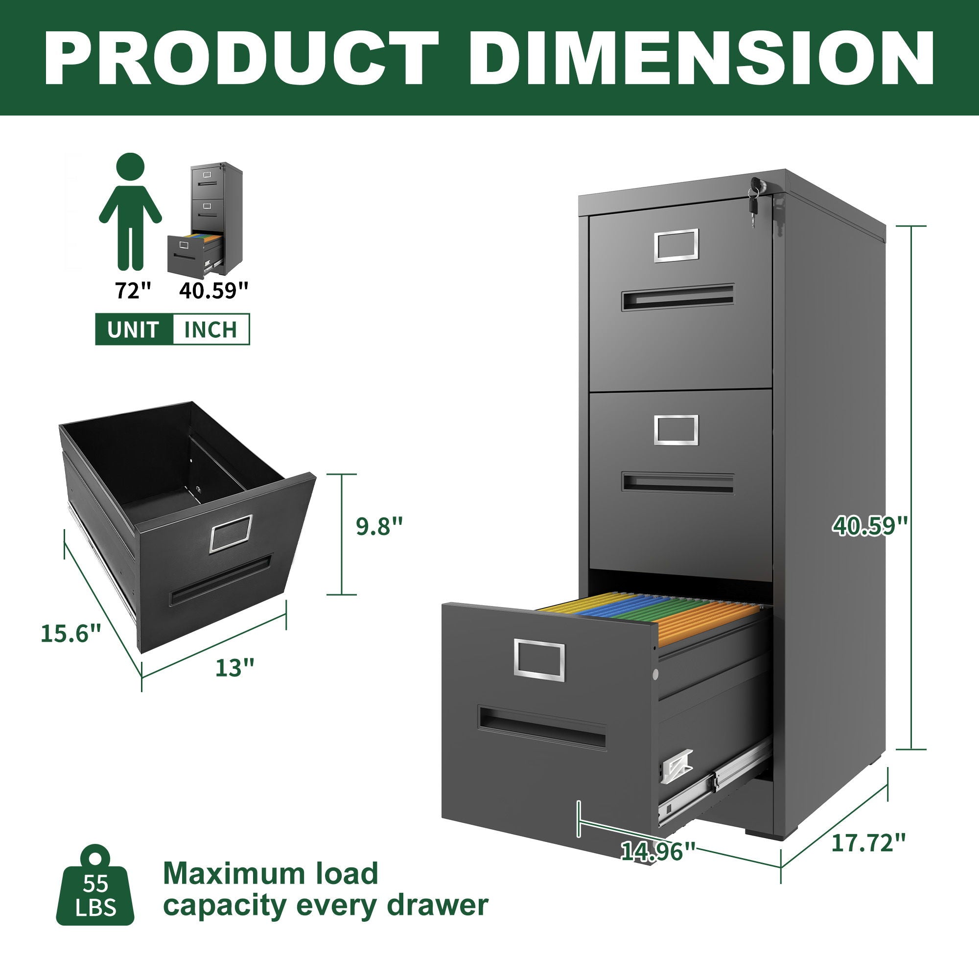 Premium Drawer File Cabinet With Lock, Metal Vertical Design, A4 Legal / Letter Size