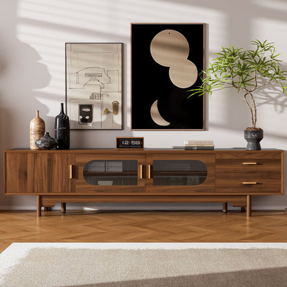 TV Stand With Fluted Doors, 2 Drawers - Walnut