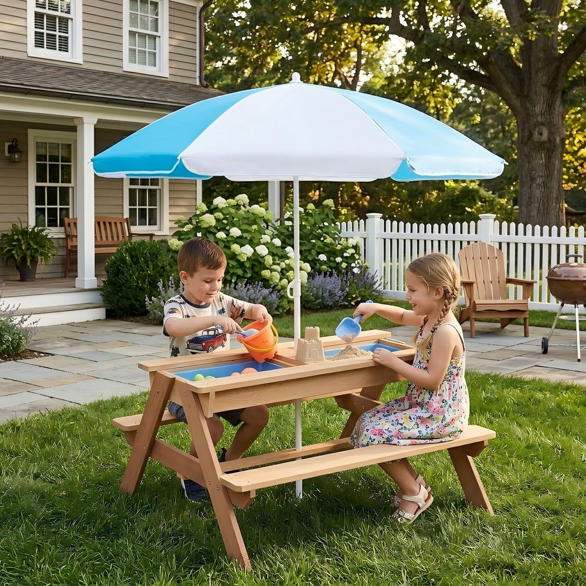 3-In-1 Kids Outdoor Wooden Picnic Table With Umbrella, Convertible Sand & Water, ASTM & CPSIA Certification
