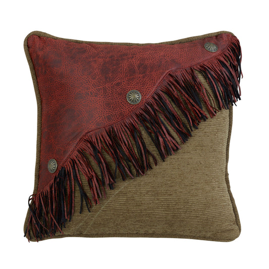 San Angelo - Diagonal Faux Leather Design With Fringe & Concho Pillow - Red / Tan