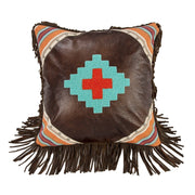 Serape - Embroidered Aztec Design Faux Leather Throw Pillow - Brown / Turquoise