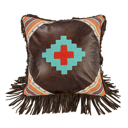 Serape - Embroidered Aztec Design Faux Leather Throw Pillow - Brown / Turquoise