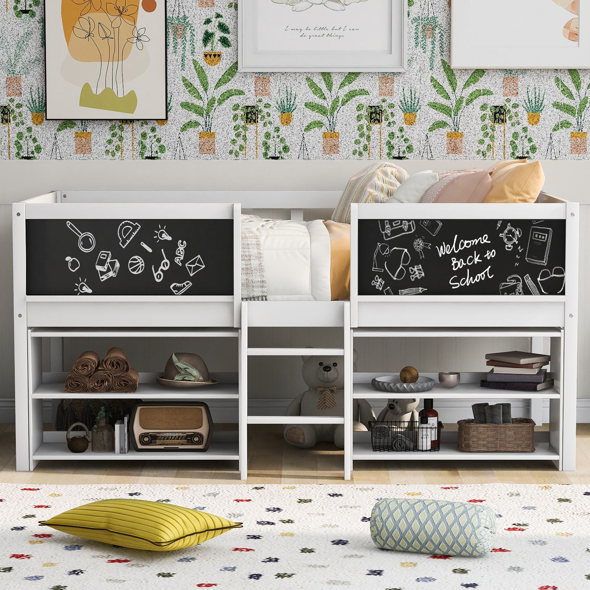 Low Loft Bed With Movable Shelves And Ladder, Decorative Chalkboard Guardrail