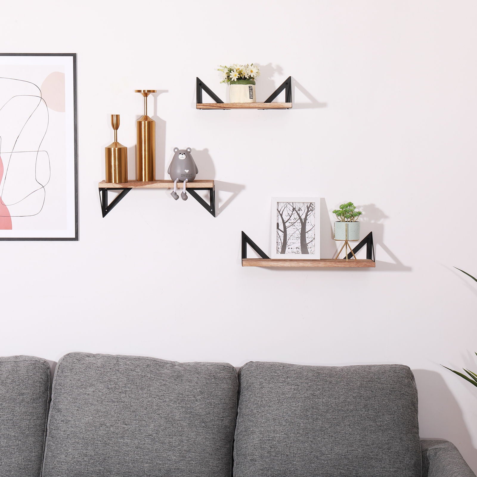 Floating Shelves, Long Wall Shelves (Set of 3), Wall Mounted Shelves With Brackets For Bedroom - Natural Wood
