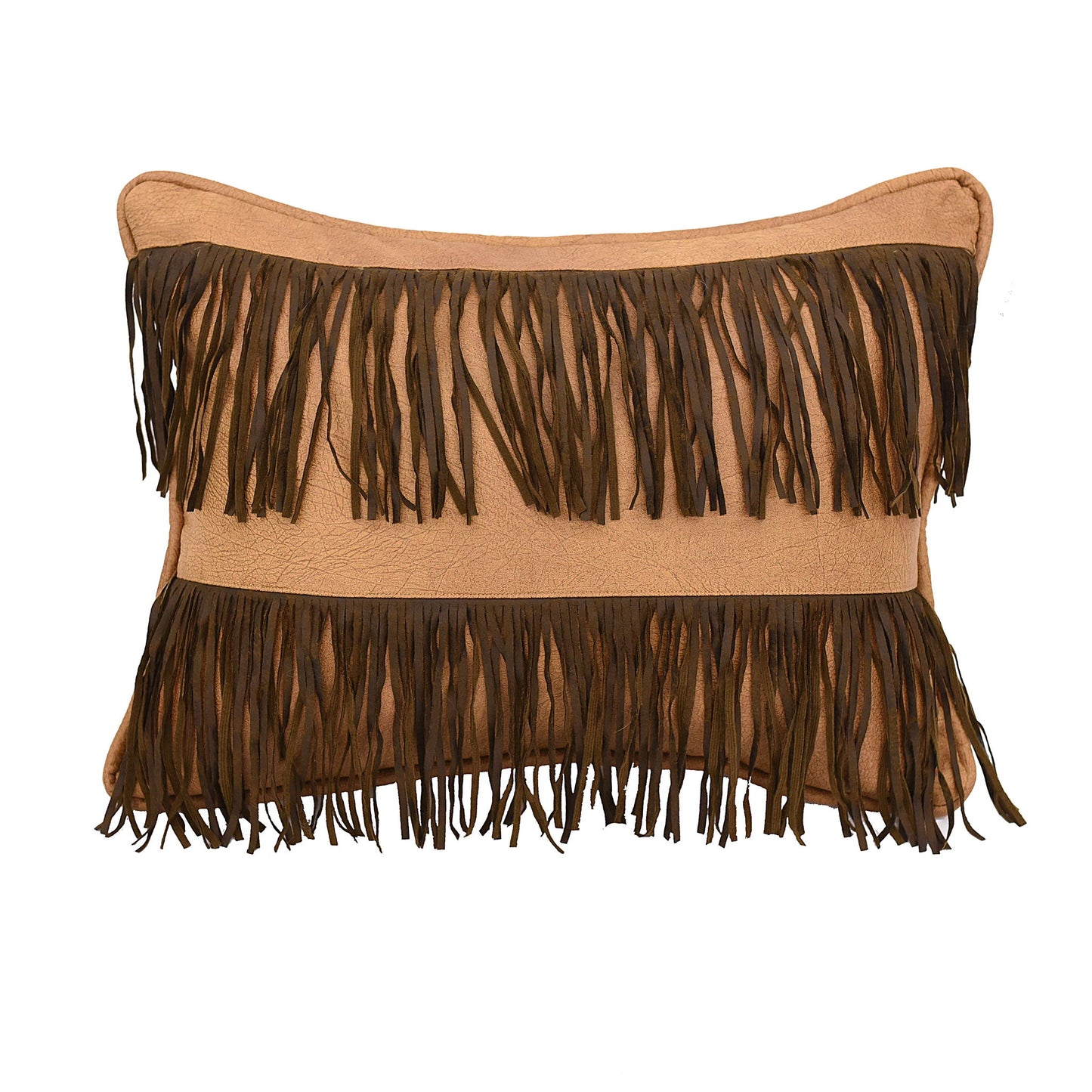 Faux Leather - Double Row Fringe Tan Faux Leather Throw Pillow - Light Brown / Dark Brown
