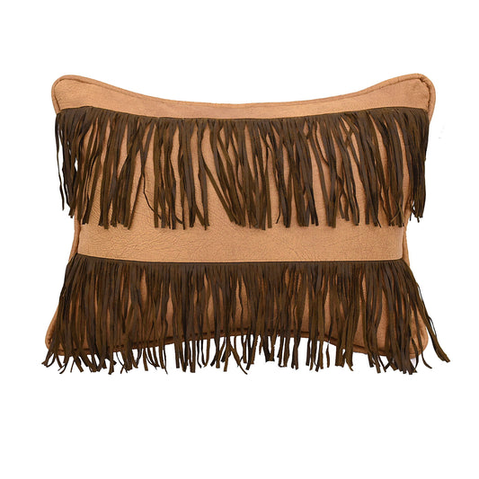 Faux Leather - Double Row Fringe Tan Faux Leather Throw Pillow - Light Brown / Dark Brown