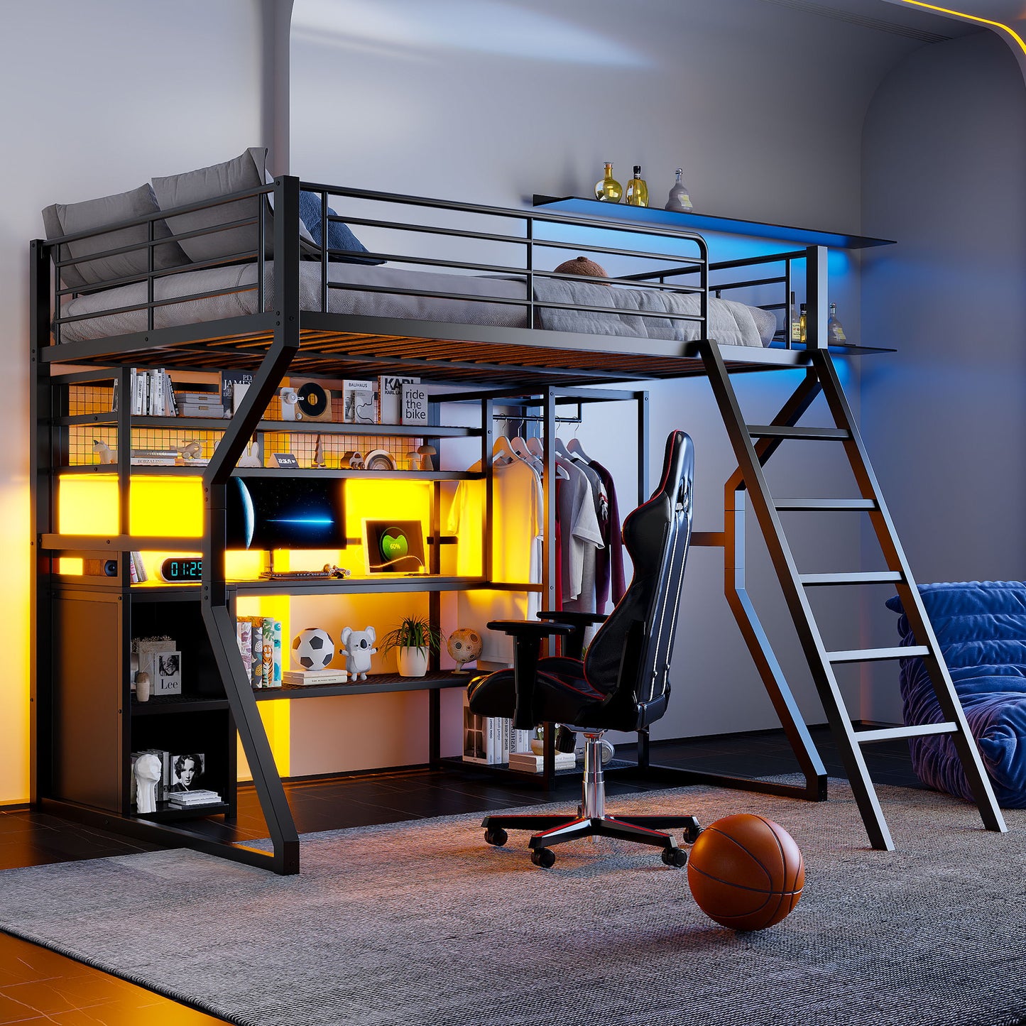 Full Size Gaming Loft Bed With Built In Work Station, Open Wardrobe, LED And Multiple Storage - Black