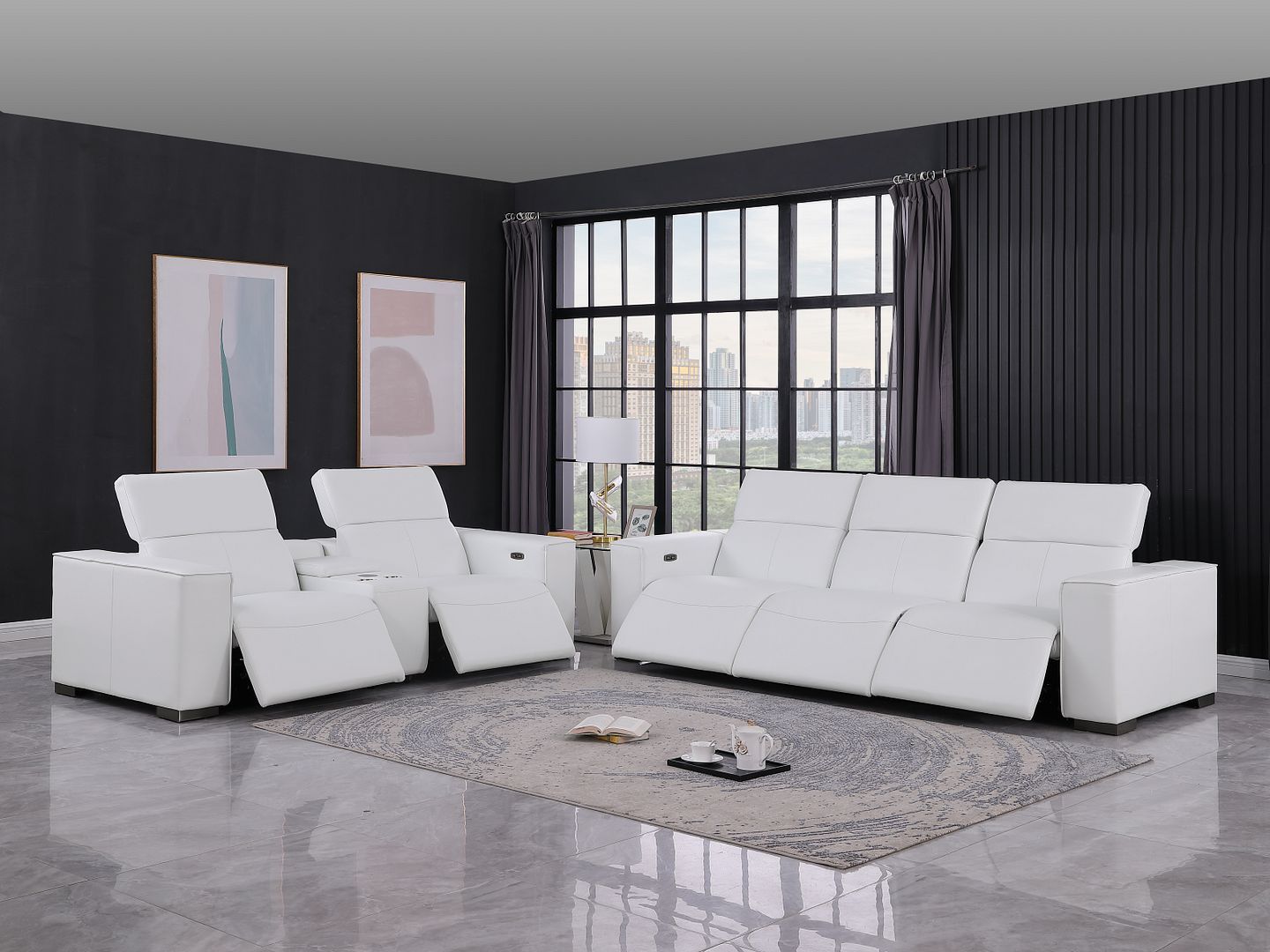 1208 - Leather Reclining Set (Sofa & Loveseat With 5 Power Recliners)