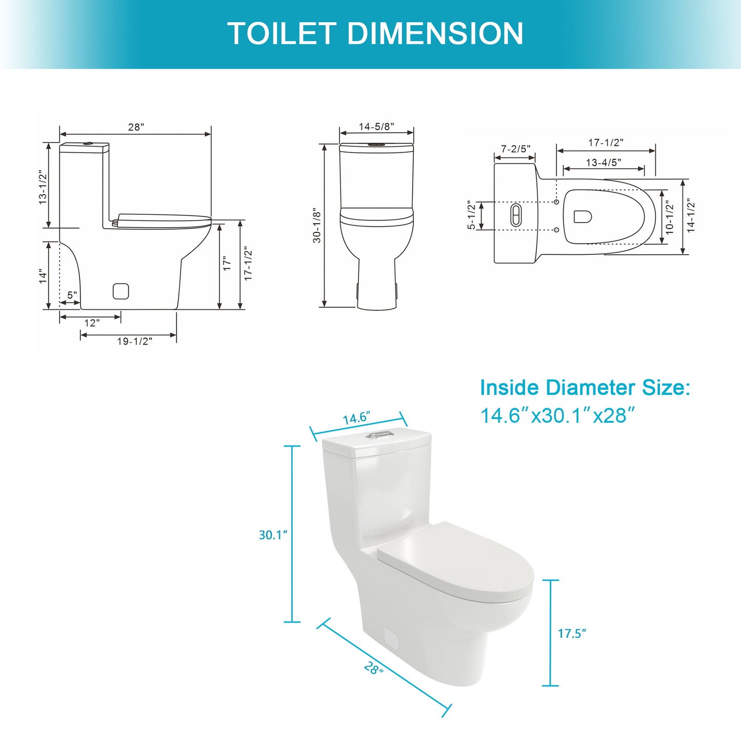 1 Piece Toilet With Dual Flush, Soft Closing Seat - White