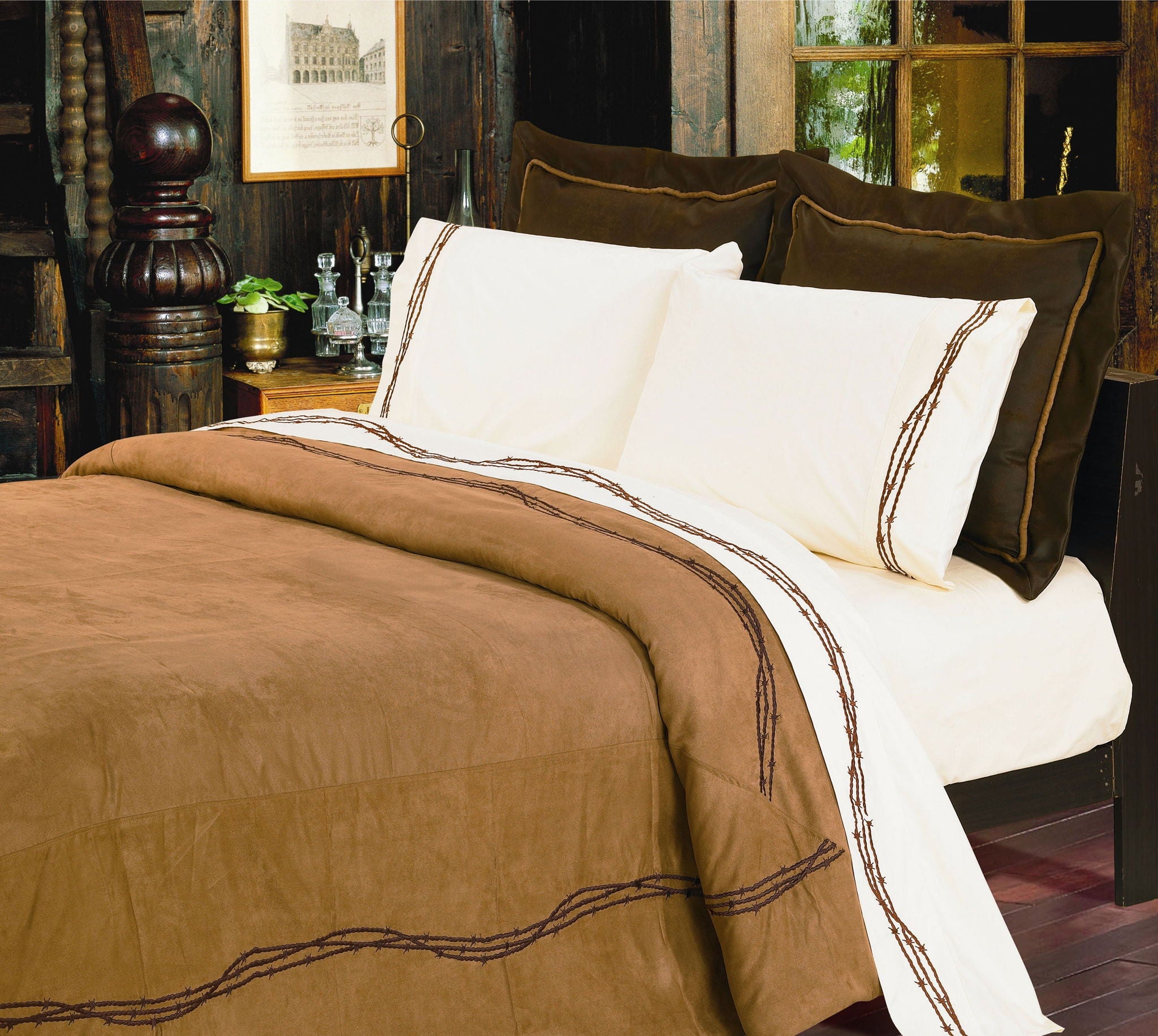 Rustic Barbwire - Queen Barbwire Comforter Set (Set of 7) - Chocolate
