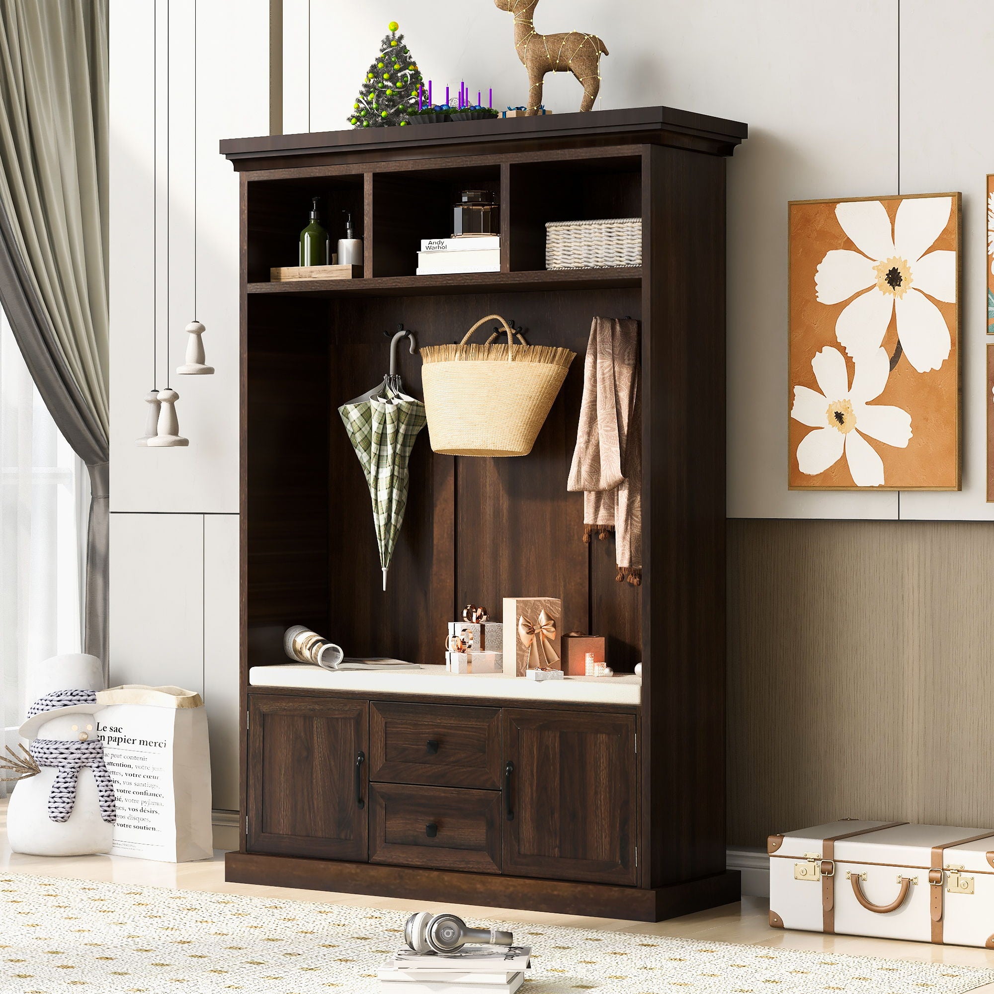Hall Tree With 3 Hooks, Coat Hanger, Entryway Bench, Storage Bench, 3 In 1 Design