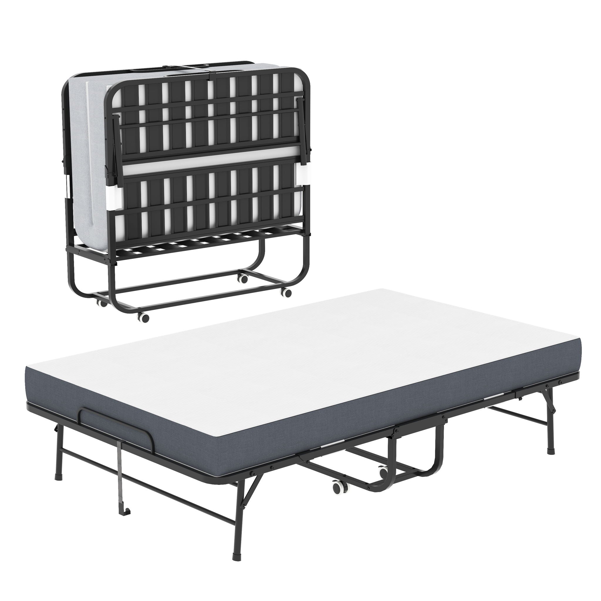 Twin Wide Folding Bed For Tall People, Extra Long & Wide Rollaway With Memory Foam, Heavy-Duty Capacity Guest, Spacious Portable Cot - Black