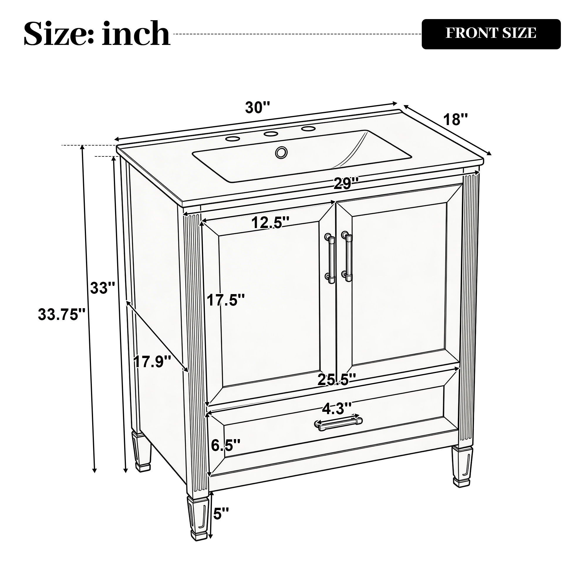 Elegant Fluted Bathroom Vanity With Sink, Soft Close Doors & Drawer